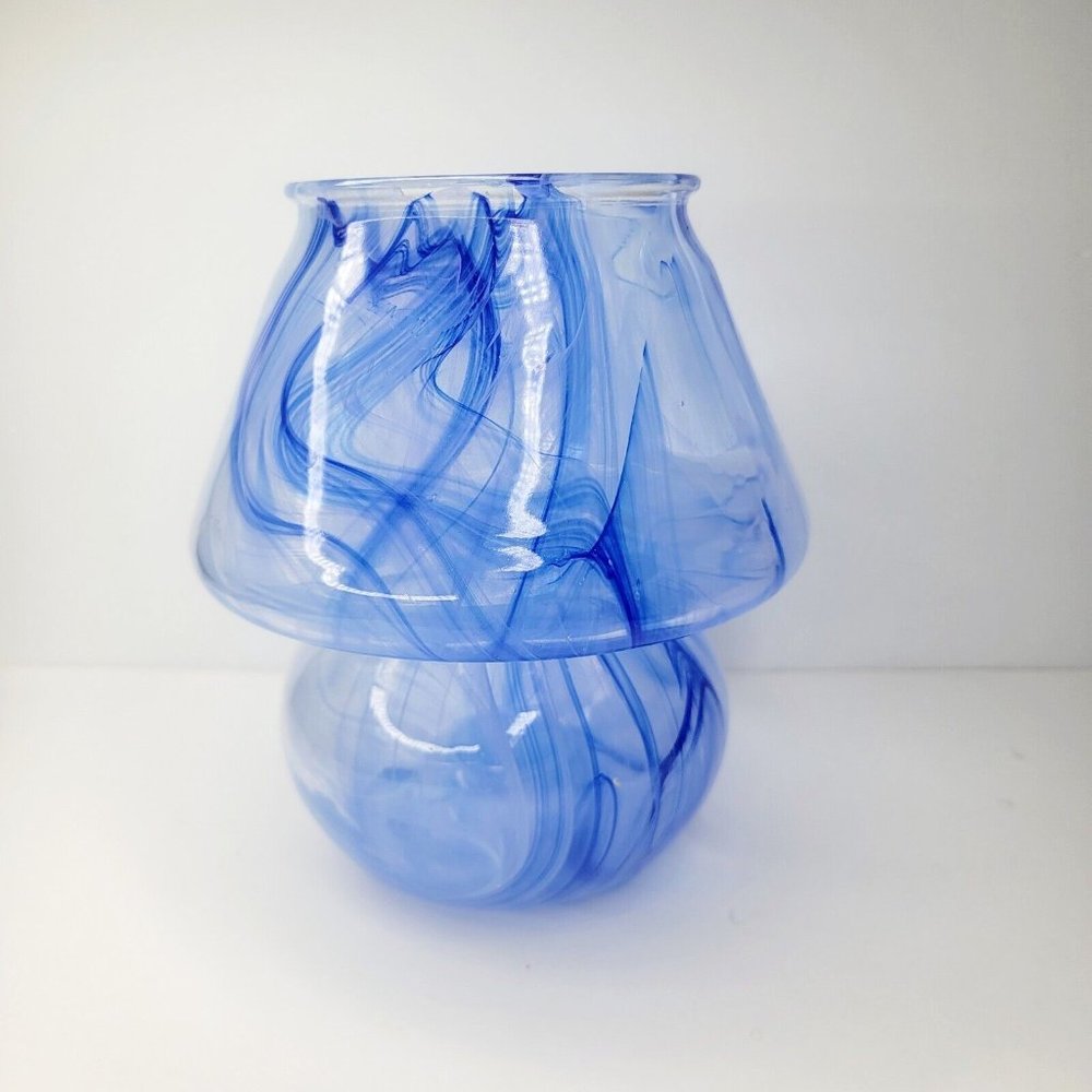 Italian Blown Glass Mushroom Candle Holder Blue Swirl Made in Italy